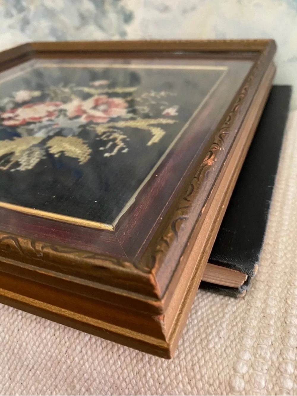 Antique Black Wool Floral Needlepoint Framed Art Panel Handmade Bouquet Flowers - Picture 7 of 10